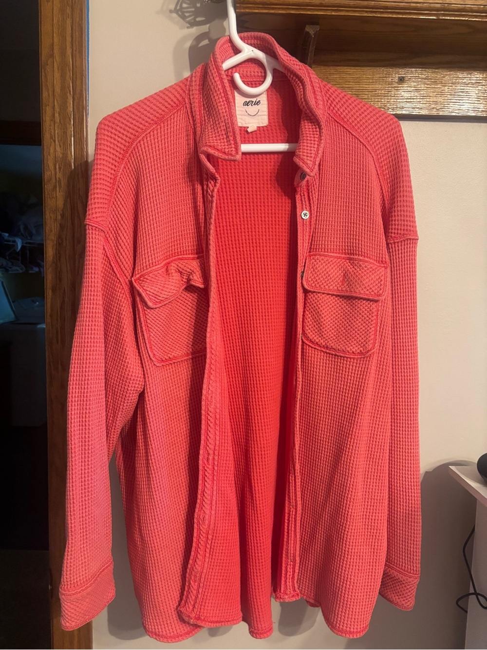 Aerie Coral Waffle-Knit Button Front Sweater